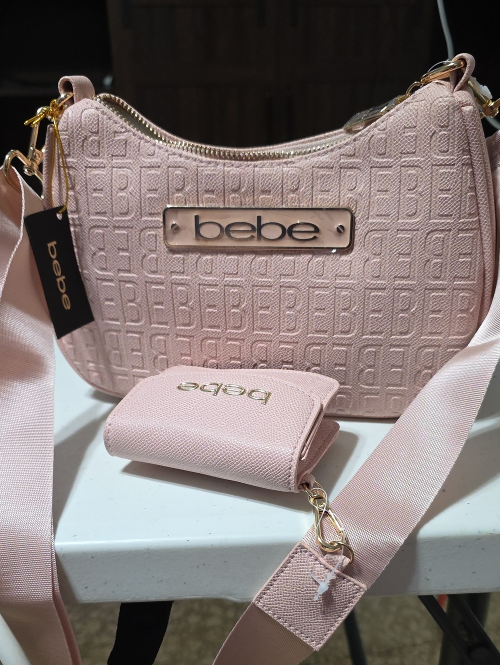 bebe Pink Embossed Logo Crossbody with Matching Card Wallet